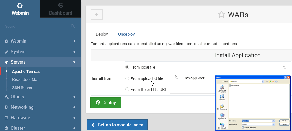 tomcat webmin module deploy wars